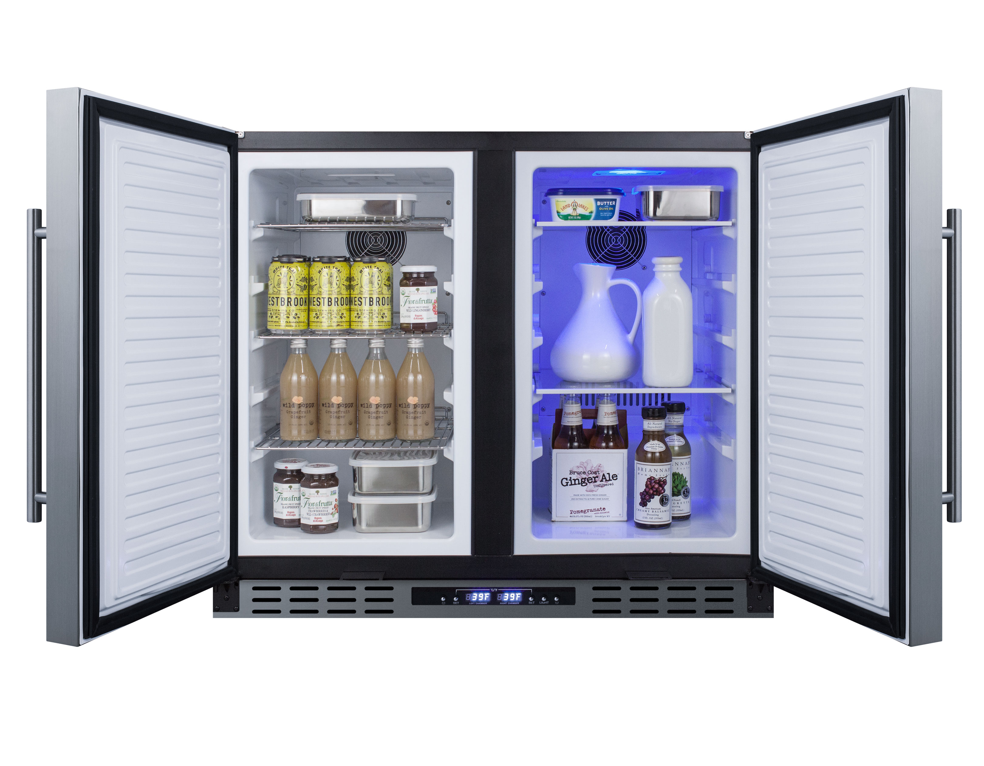 Commercially approved, frost-free, side-by-side refrigerator-freezer for built-in or freestanding use with two stainless steel doors, black cabinet, front-placed digital controls, and front locks